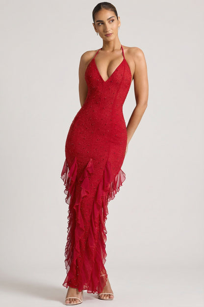 Red Margot Ruffle Maxi Dress in Red