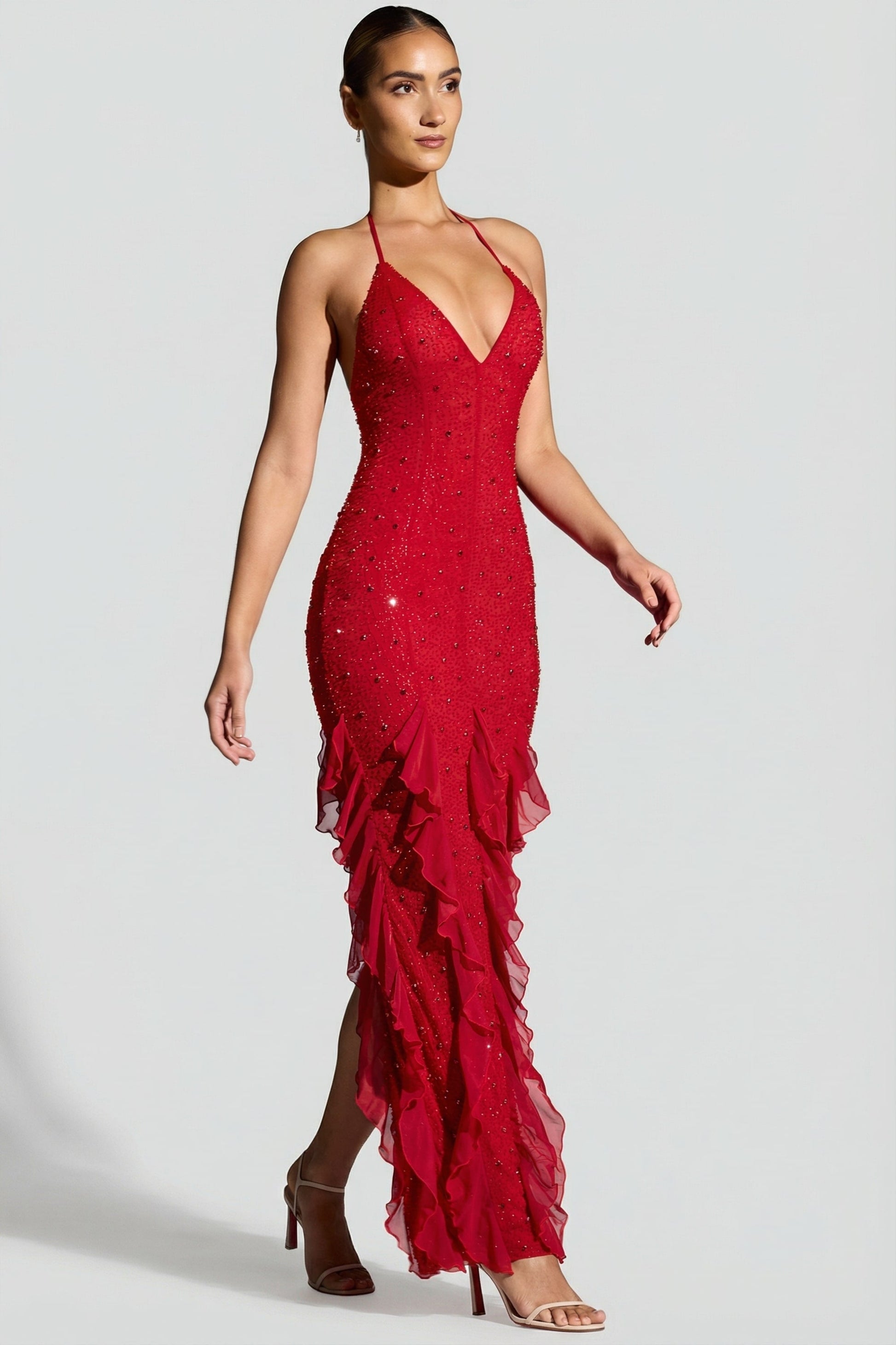 Red Margot Ruffle Maxi Dress in Red