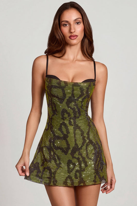 line Mini Dress in Green Snake Arabella Embellished Cowl Neck Mini Dress in Green Snake