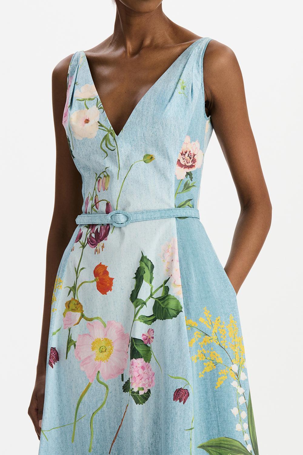 BLUE Botanical Sleeveless Flare Midi Dress