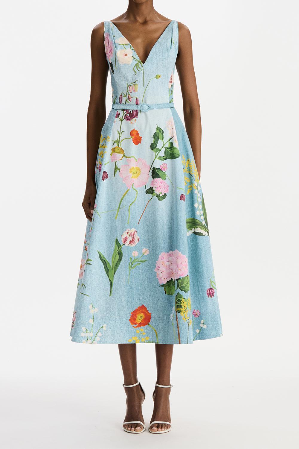 BLUE Botanical Sleeveless Flare Midi Dress