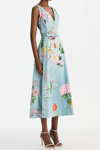 BLUE Botanical Sleeveless Flare Midi Dress