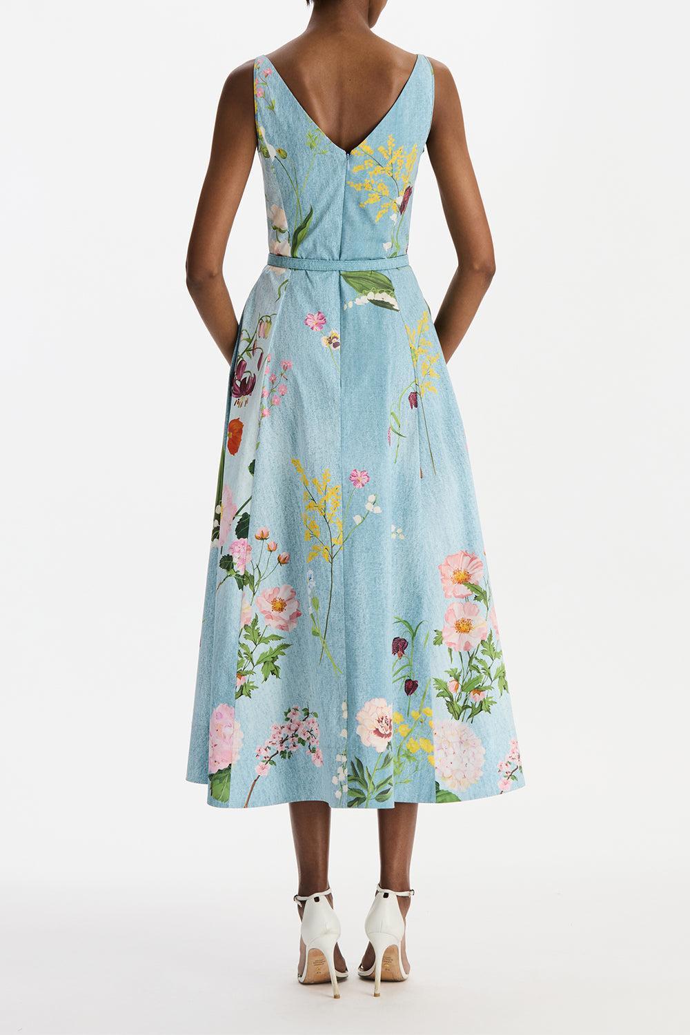 BLUE Botanical Sleeveless Flare Midi Dress