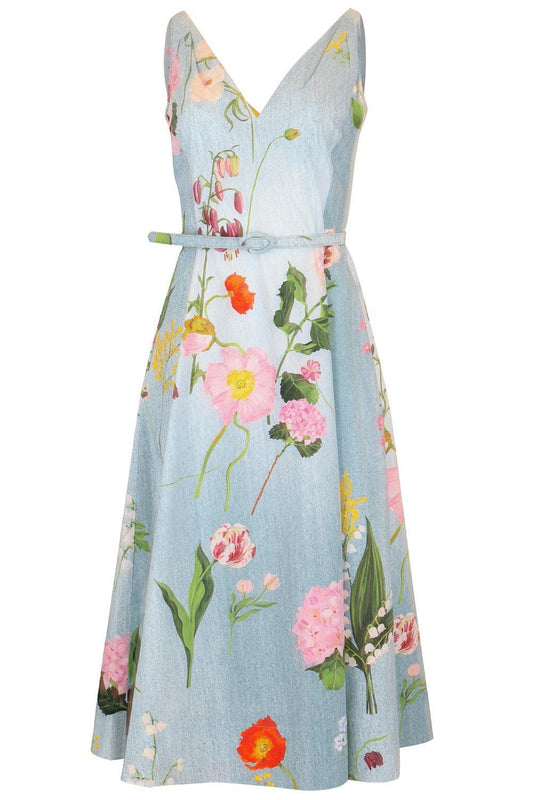 BLUE Botanical Sleeveless Flare Midi Dress