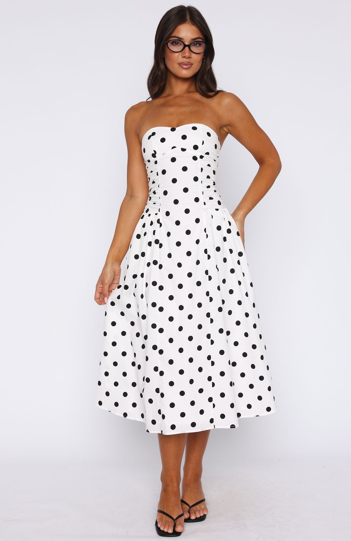 Love Strapless Midi Dress White/Black Polka Dot Ophelia Polka Dot Strapless Midi Dress