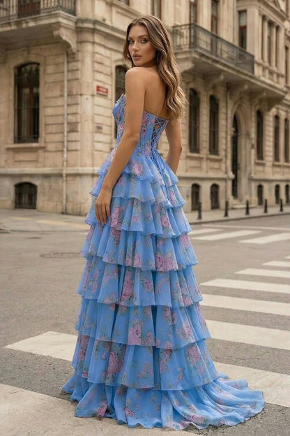 Strapless A Line Floral Chiffon Ruffled Prom Dresses With Beading Margot Strapless Chiffon Prom Dress