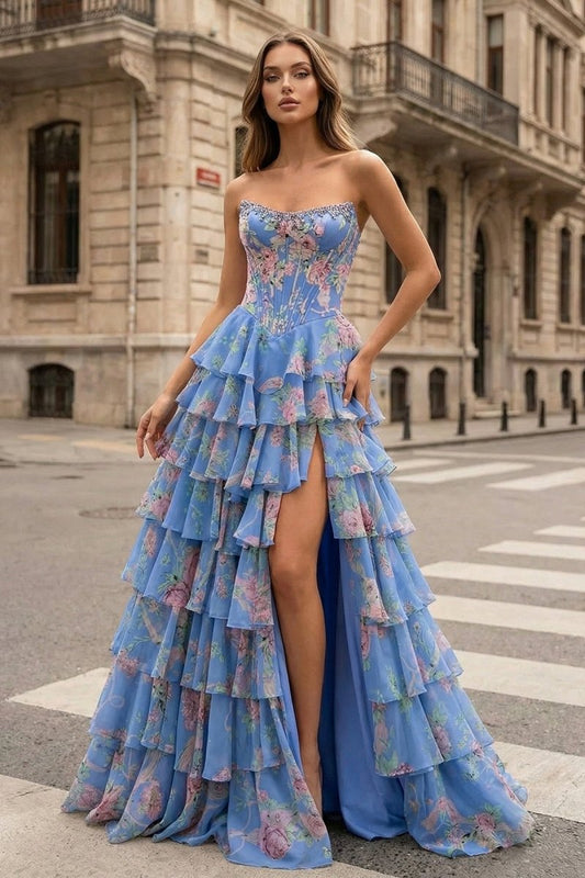 Strapless A Line Floral Chiffon Ruffled Prom Dresses With Beading Margot Strapless Chiffon Prom Dress