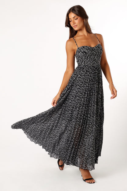 Black Floral Achanti Pleated Maxi Dress