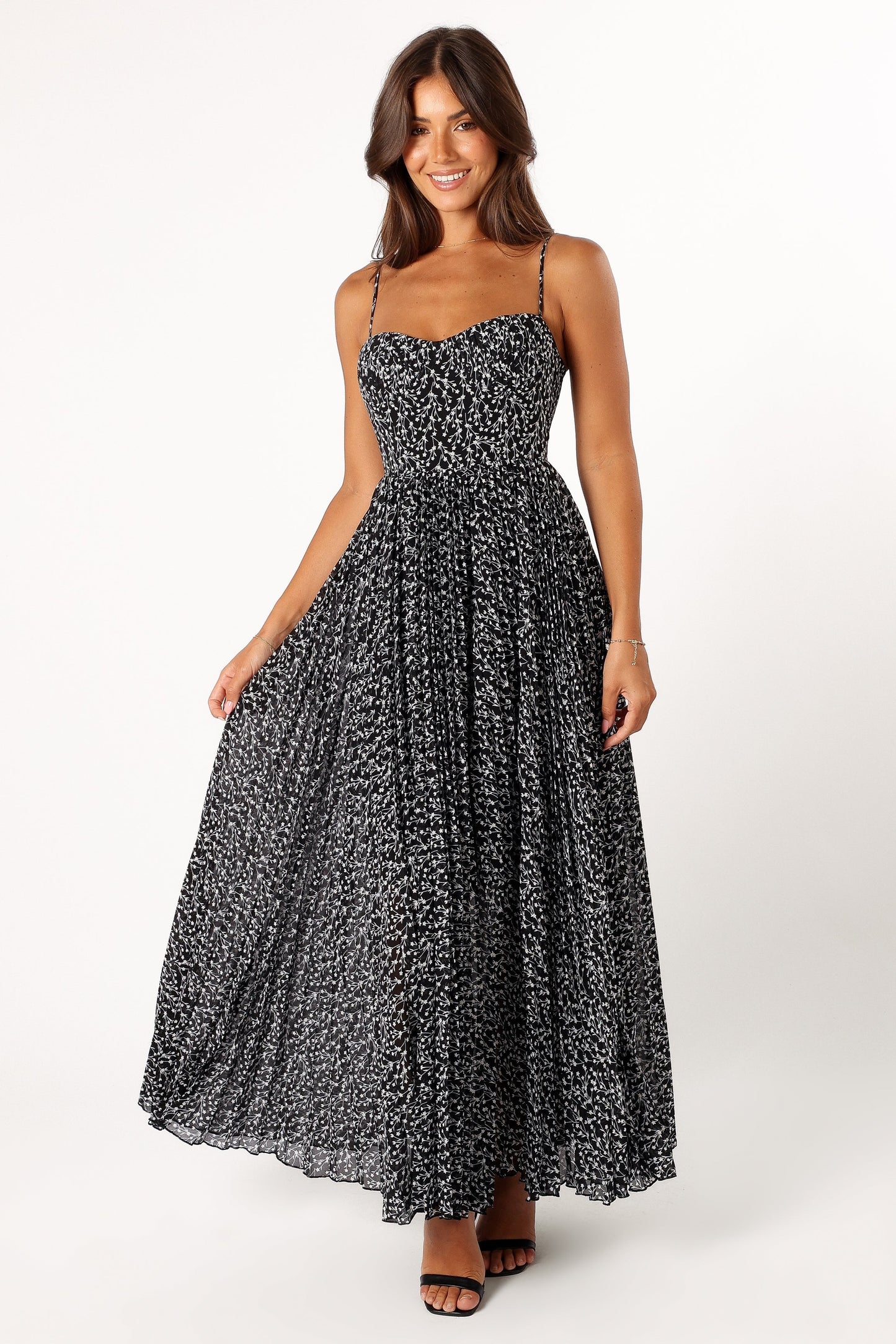 Black Floral Achanti Pleated Maxi Dress in Pink Azalea