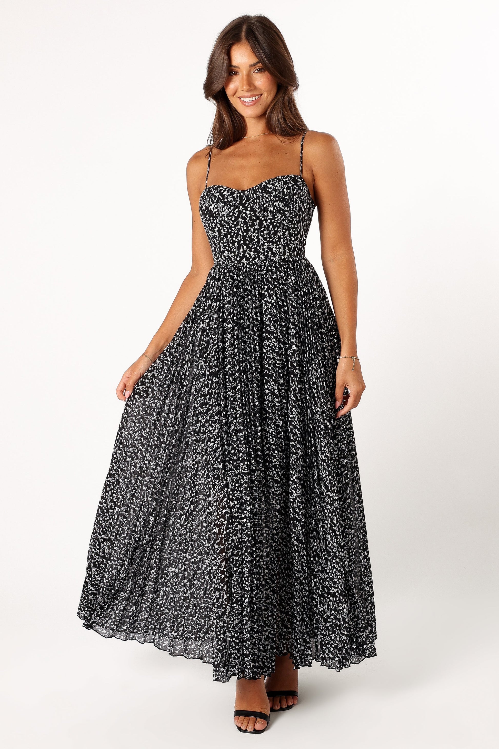 Black Floral Achanti Pleated Maxi Dress in Pink Azalea