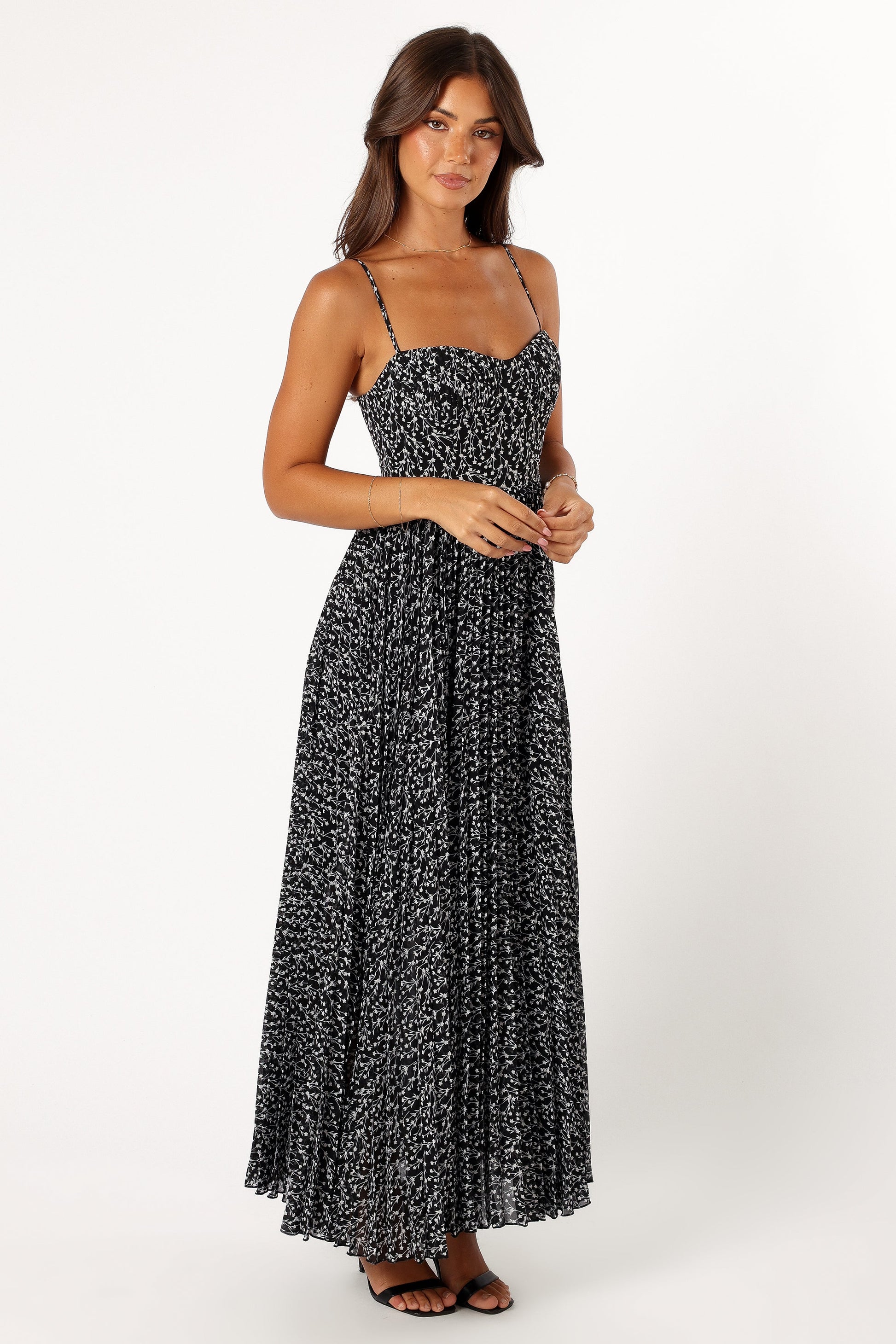 Black Floral Achanti Pleated Maxi Dress in Pink Azalea