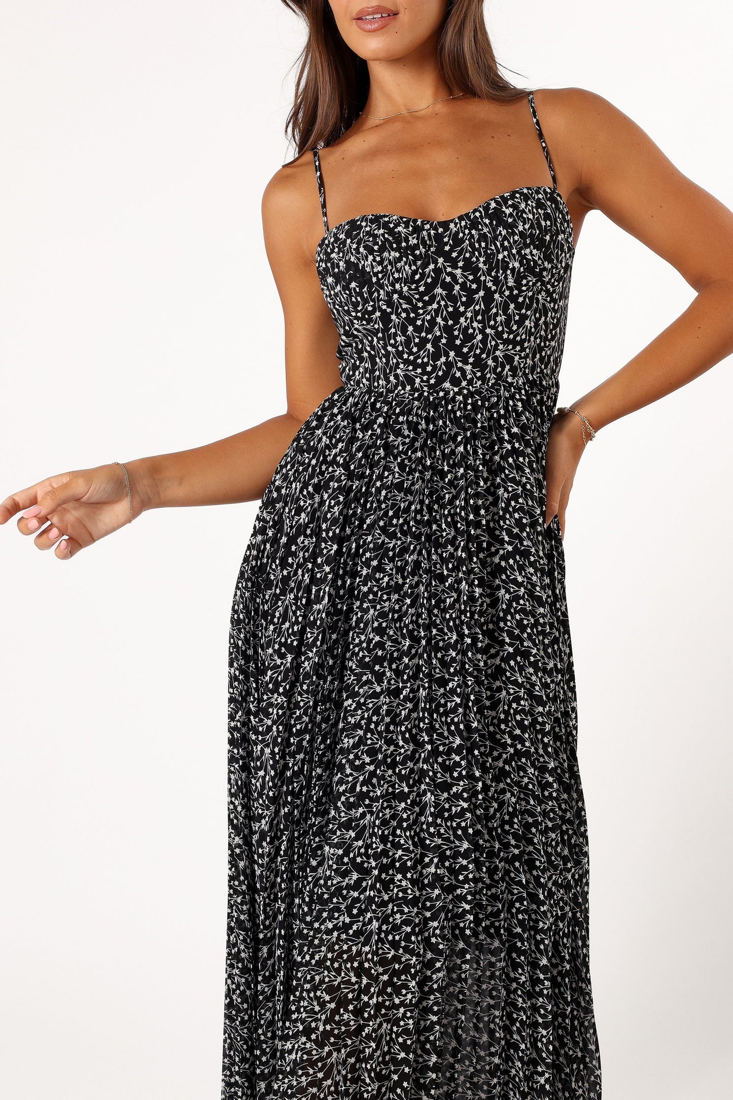 Black Floral Achanti Pleated Maxi Dress
