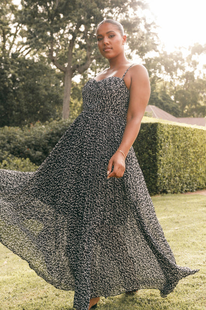 Black Floral Achanti Pleated Maxi Dress