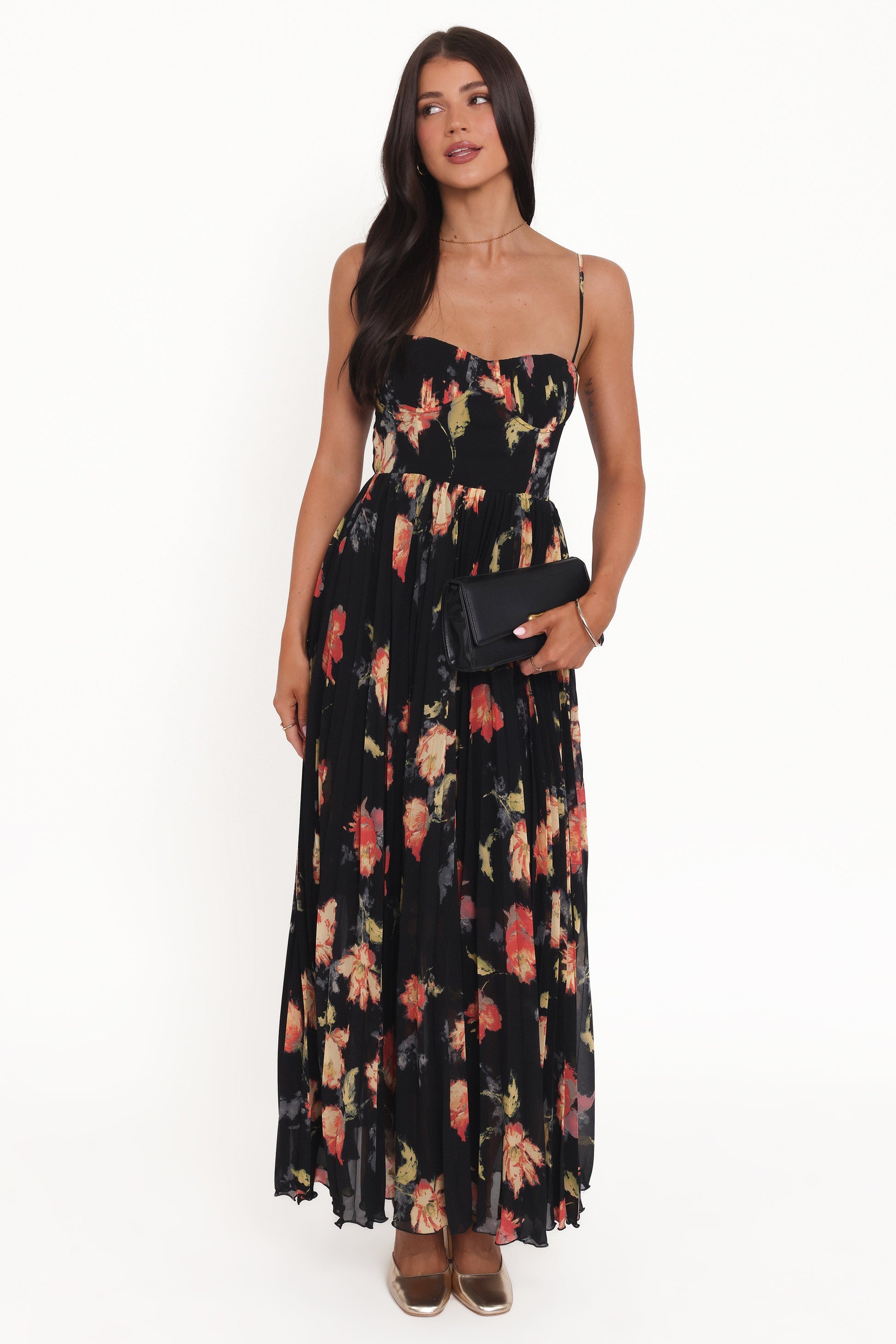 Black Multi Achanti Pleated Maxi Dress in Pink Azalea