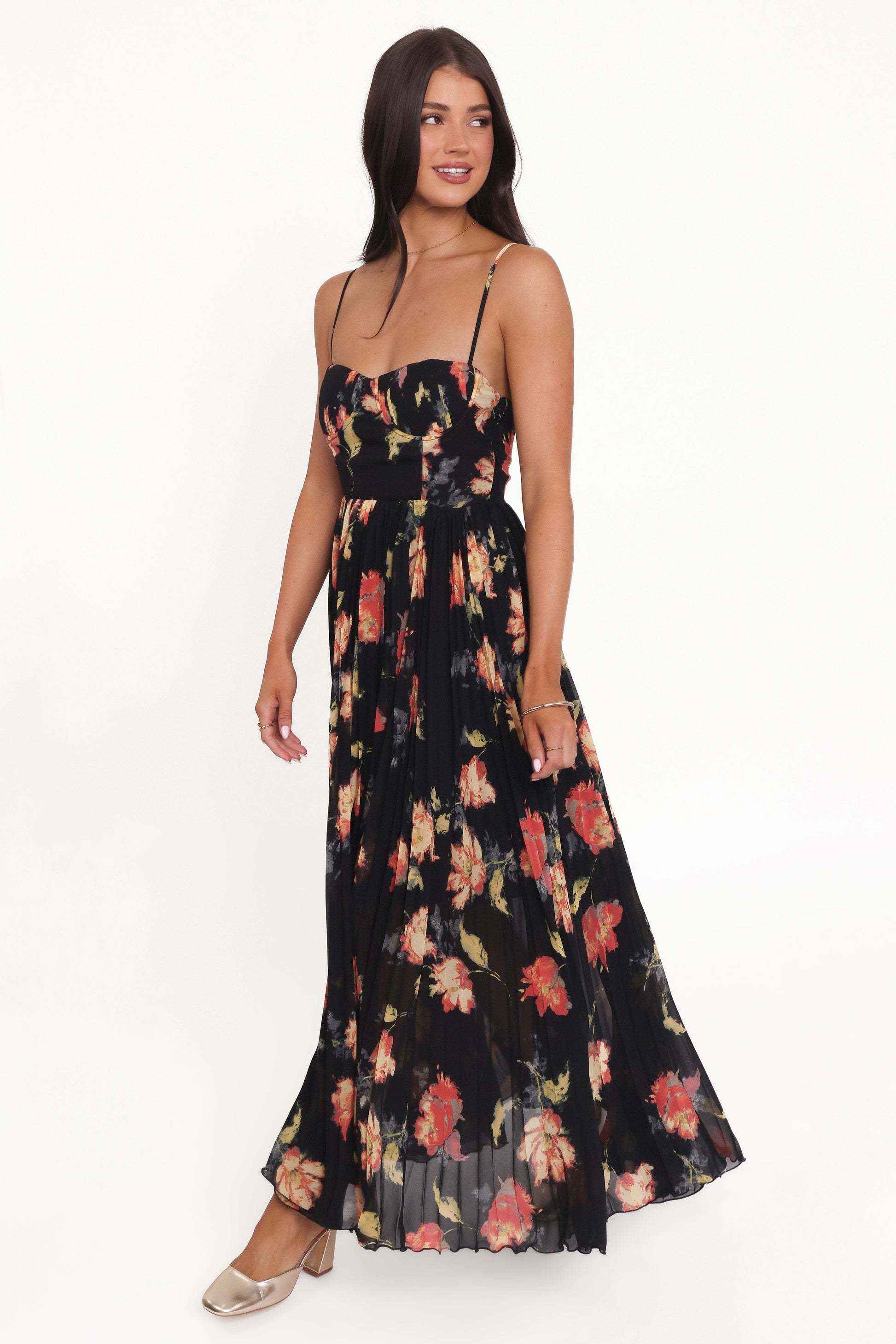 Black Multi Achanti Pleated Maxi Dress in Pink Azalea