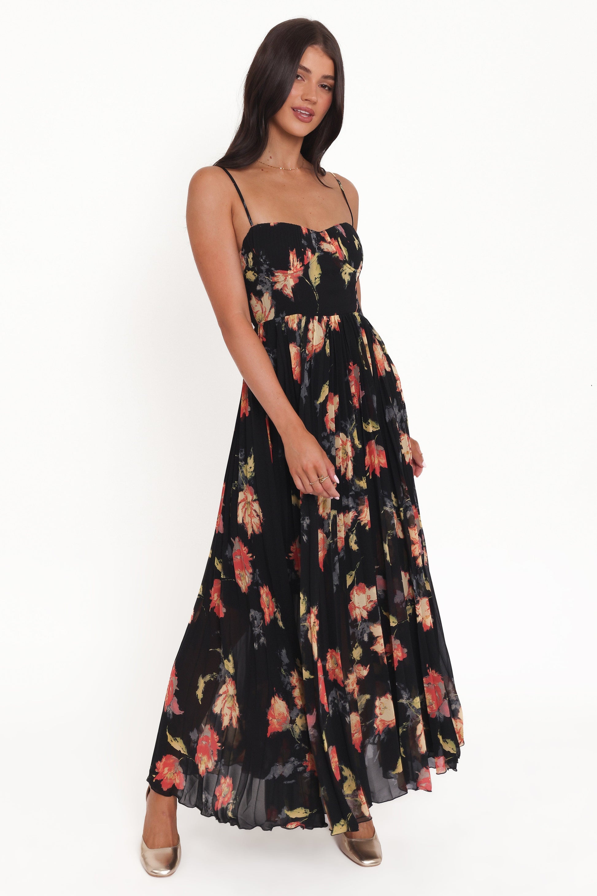 Black Multi Achanti Pleated Maxi Dress in Pink Azalea