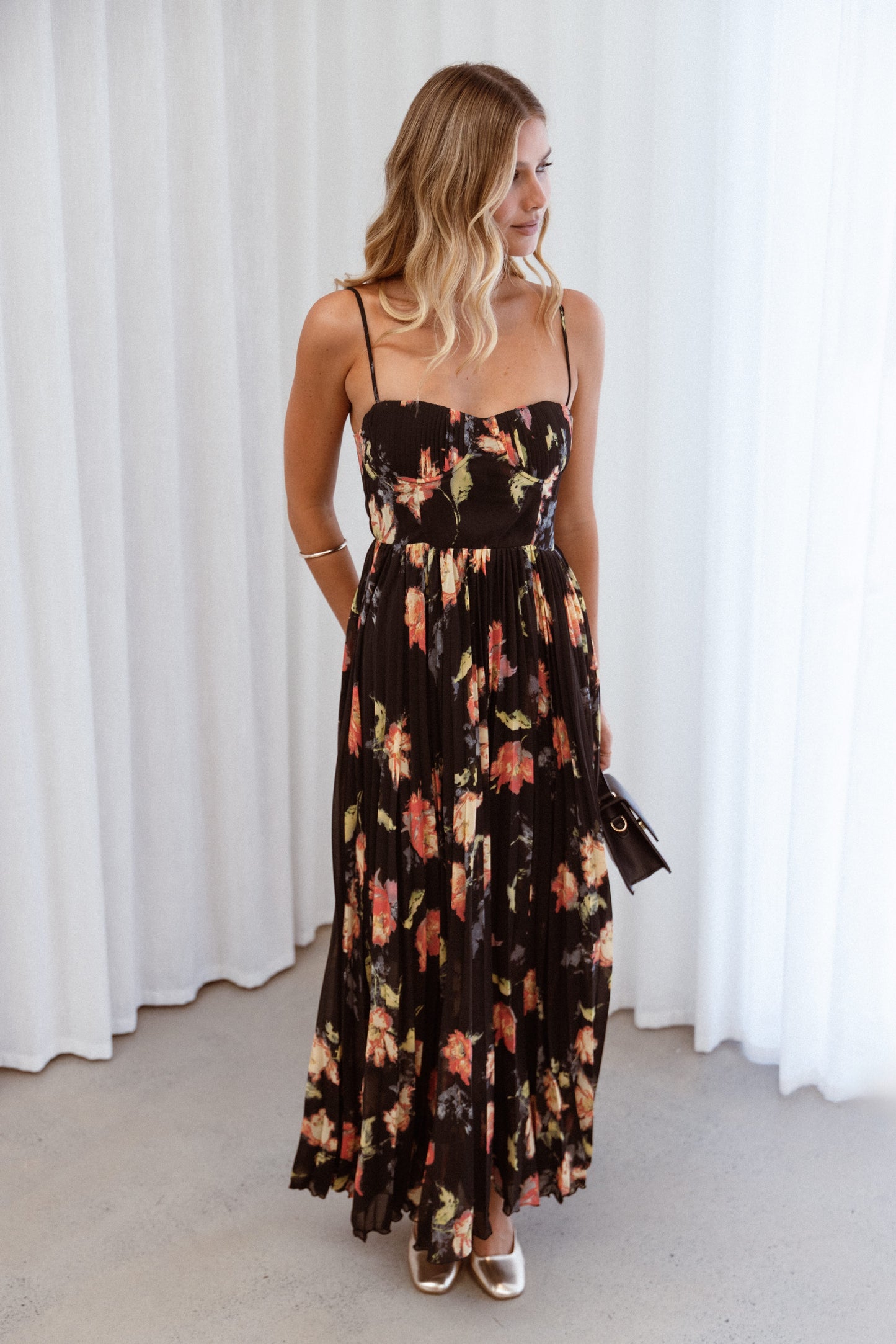 Black Multi Achanti Pleated Maxi Dress in Pink Azalea