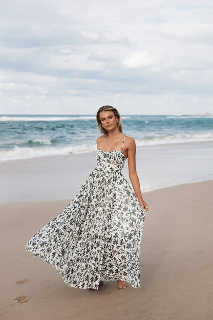 White Black Floral Achanti Pleated Maxi Dress