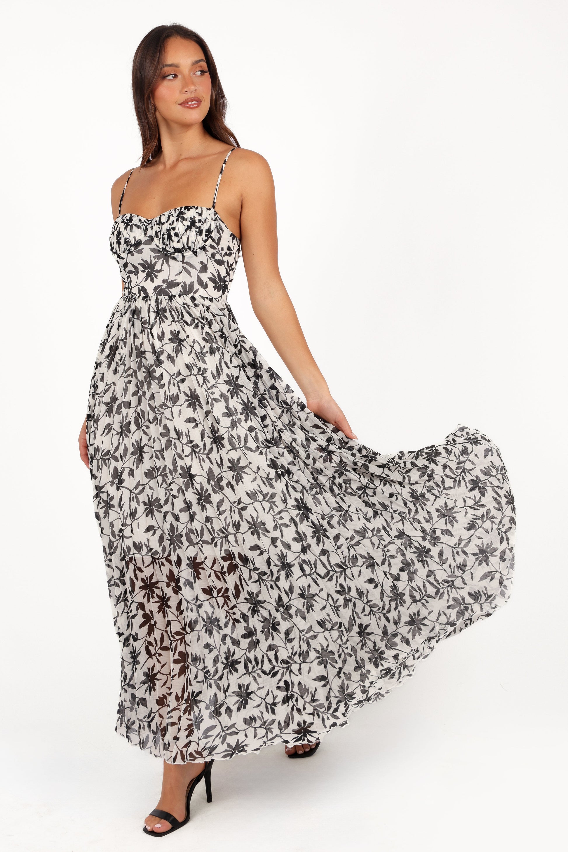 White Black Floral Achanti Pleated Maxi Dress