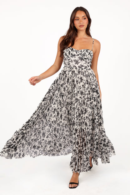 White Black Floral Achanti Pleated Maxi Dress in Pink Azalea