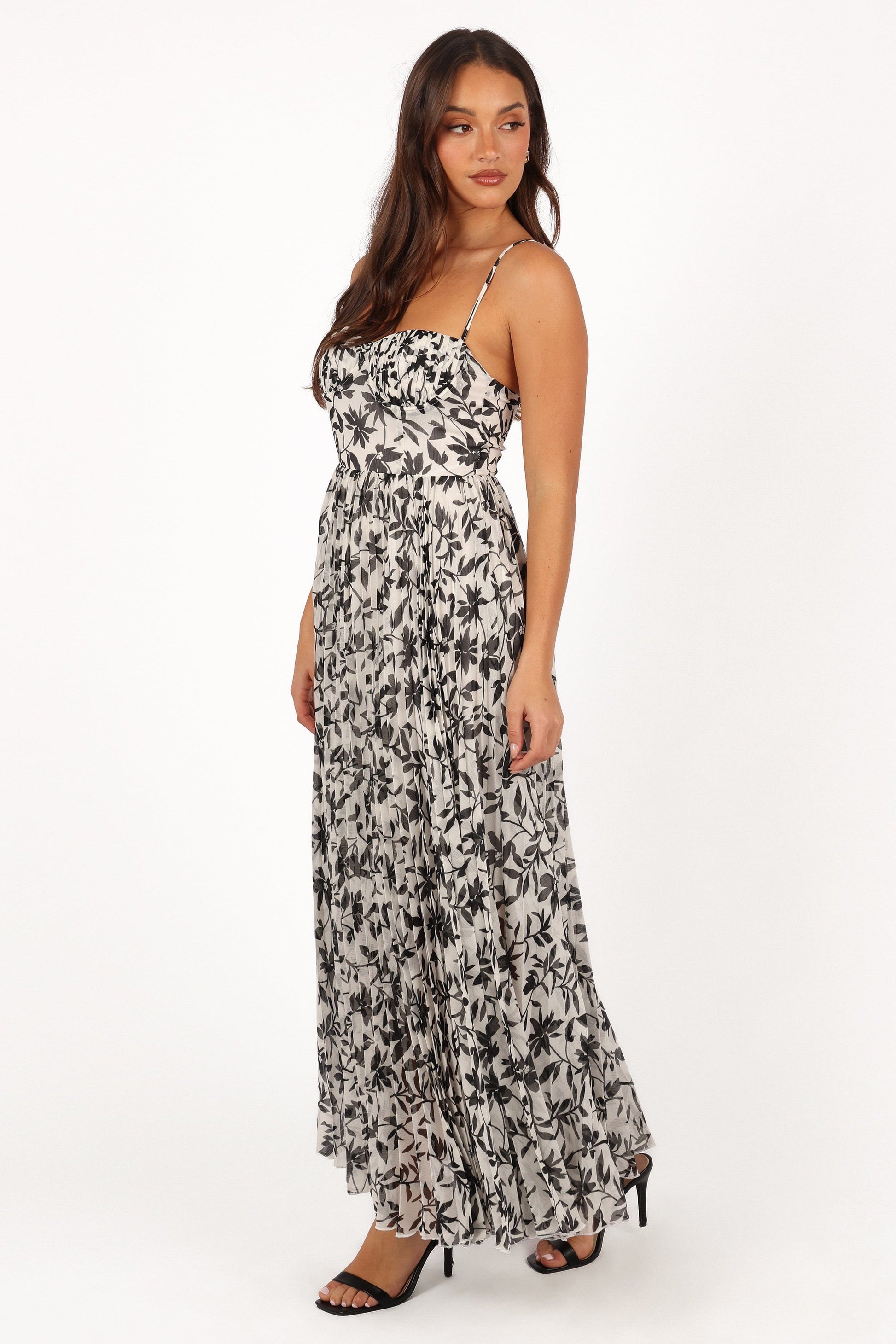 White Black Floral Achanti Pleated Maxi Dress