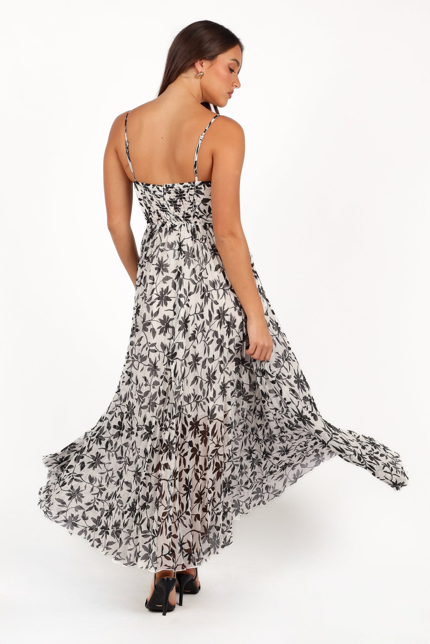 White Black Floral Achanti Pleated Maxi Dress