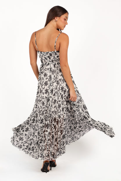 White Black Floral Achanti Pleated Maxi Dress