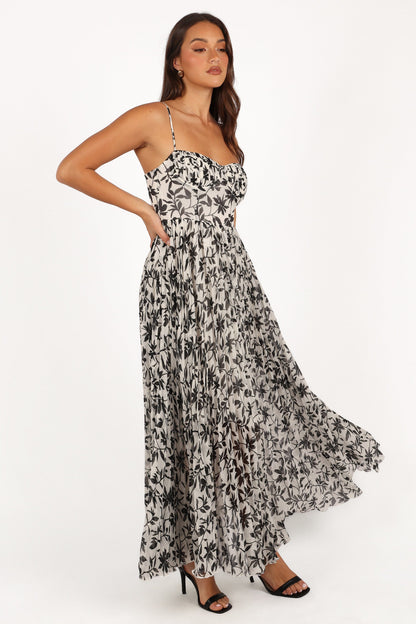 White Black Floral Achanti Pleated Maxi Dress