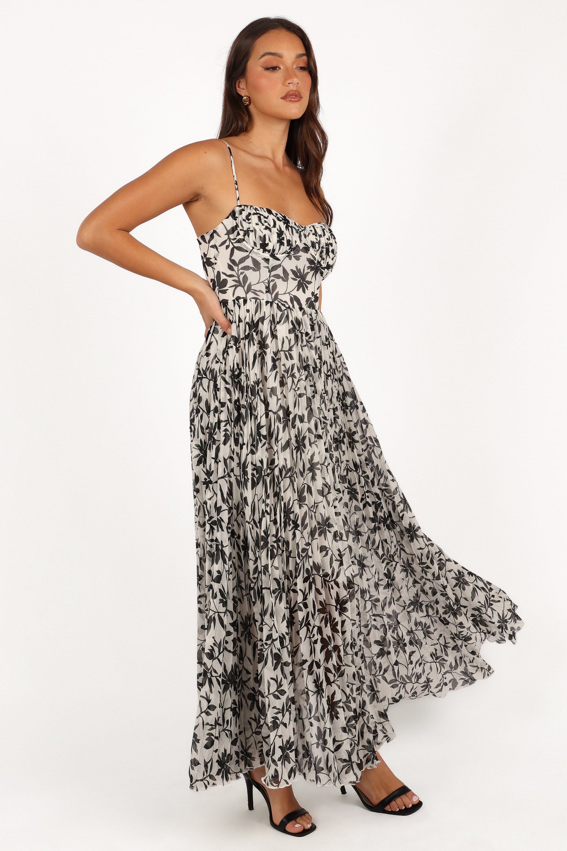 White Black Floral Achanti Pleated Maxi Dress in Pink Azalea