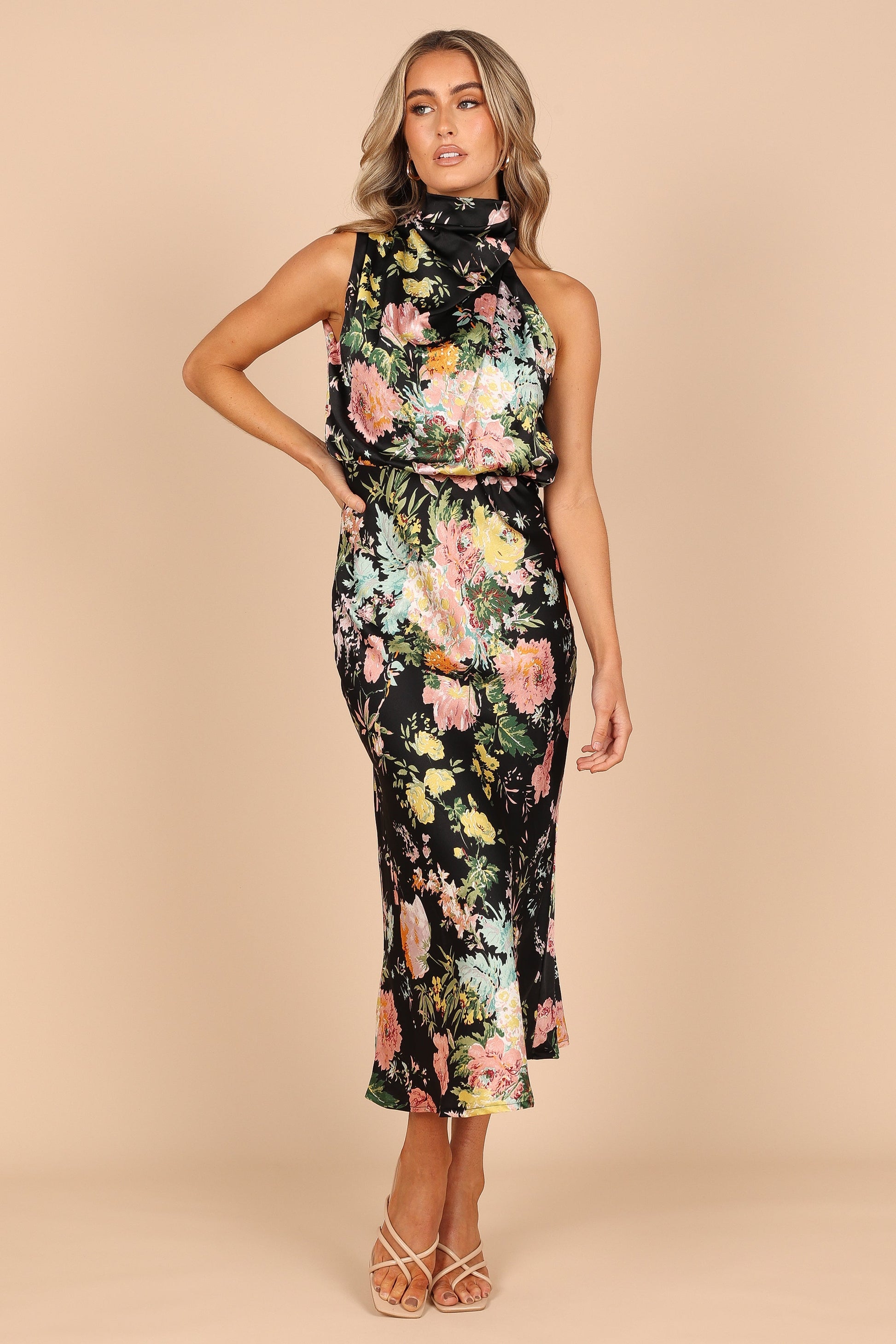 Black Floral Anabelle Halter Midi Dress in Pink Floral
