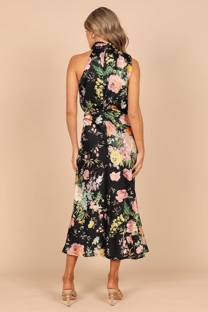 Black Floral Anabelle Halter Midi Dress in Pink Floral