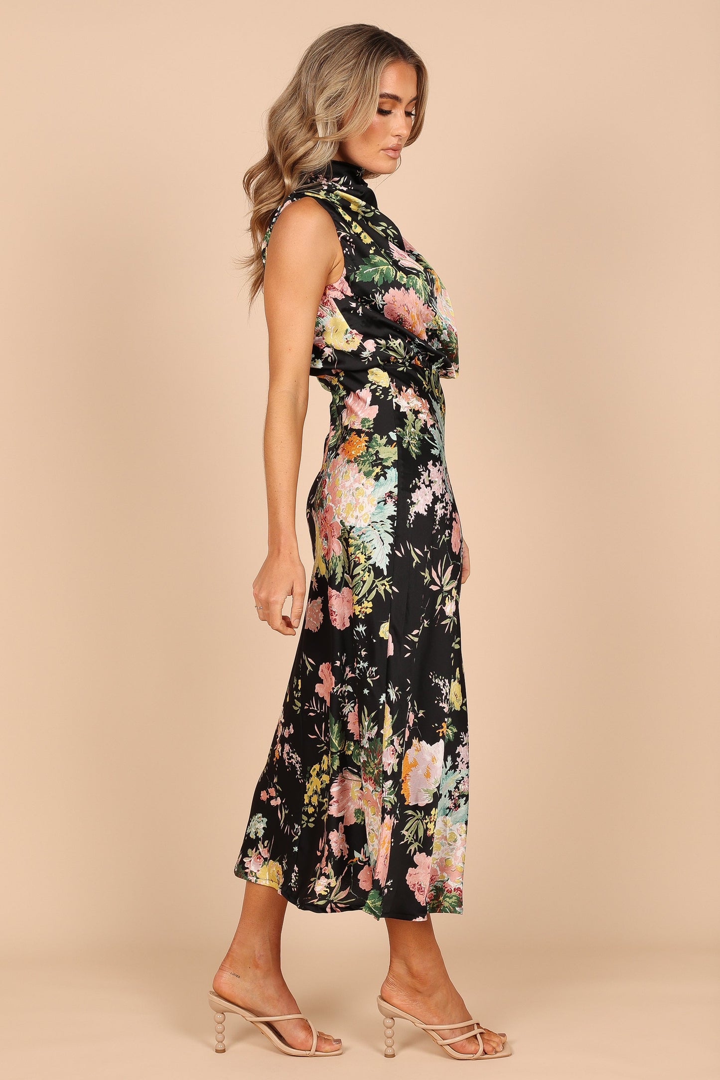 Black Floral Anabelle Halter Midi Dress in Pink Floral