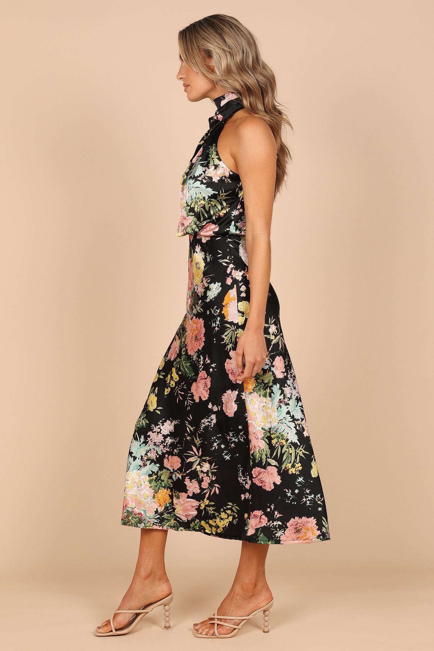 Black Floral Anabelle Halter Midi Dress in Pink Floral