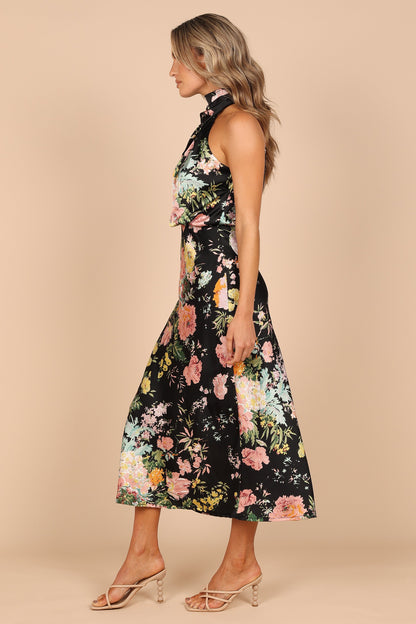 Black Floral Anabelle Halter Midi Dress in Pink Floral