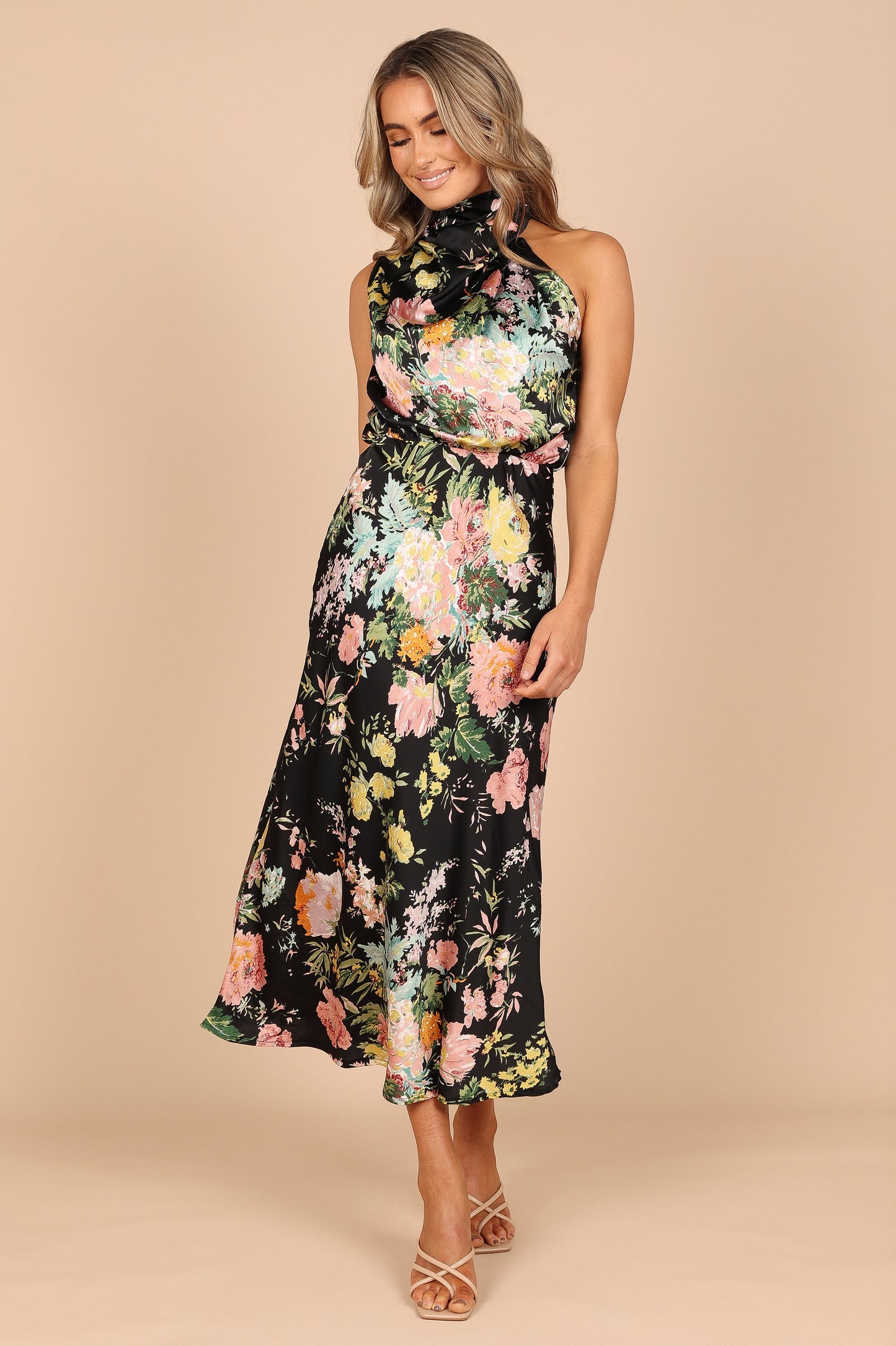 Black Floral Anabelle Halter Midi Dress in Pink Floral