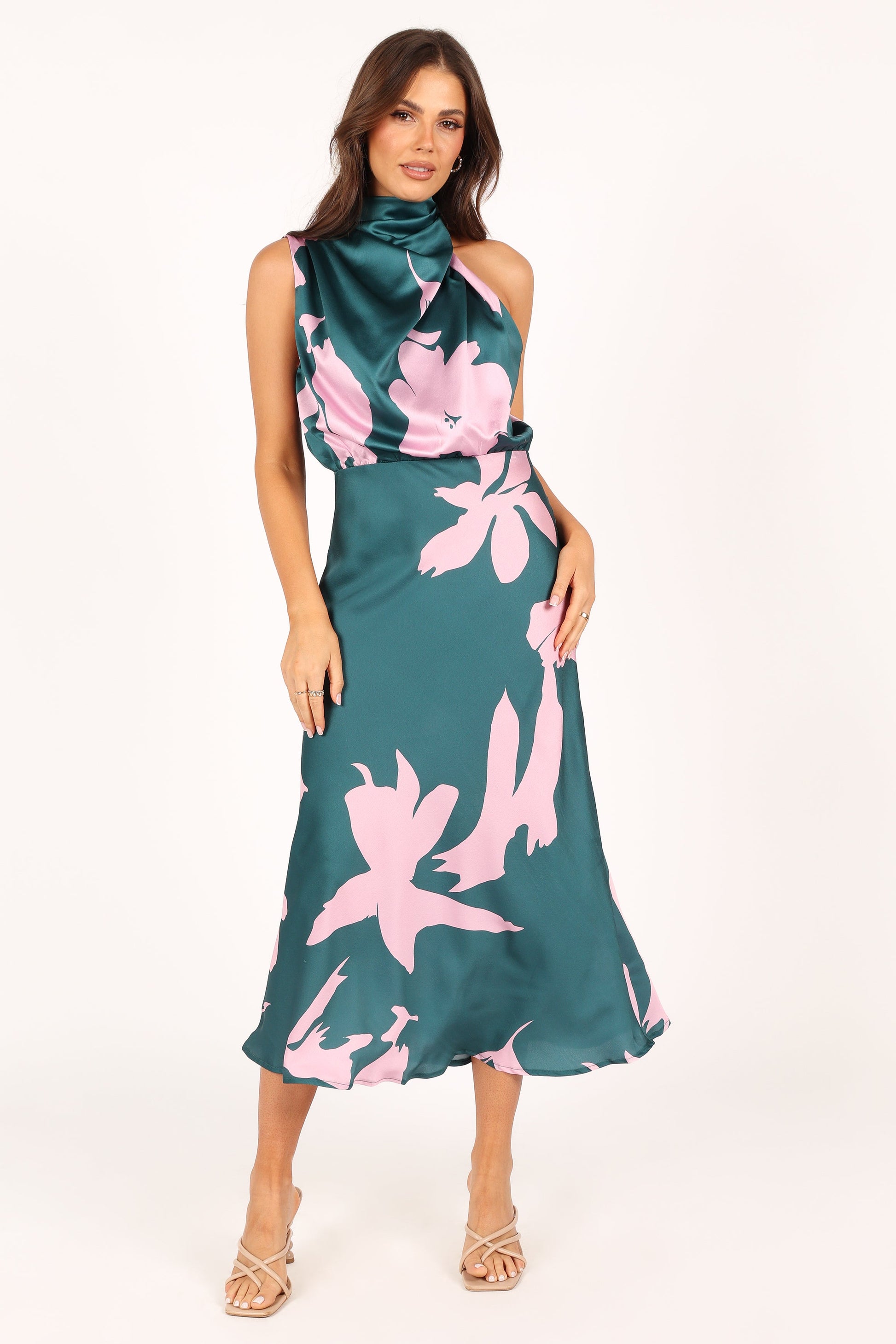 Green Pink Anabelle Halter Midi Dress in Pink Floral