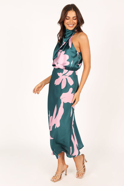 Green Pink Anabelle Halter Midi Dress in Pink Floral
