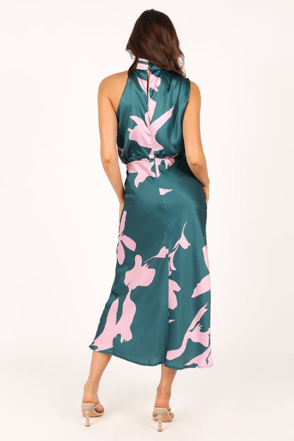Green Pink Anabelle Halter Midi Dress in Pink Floral