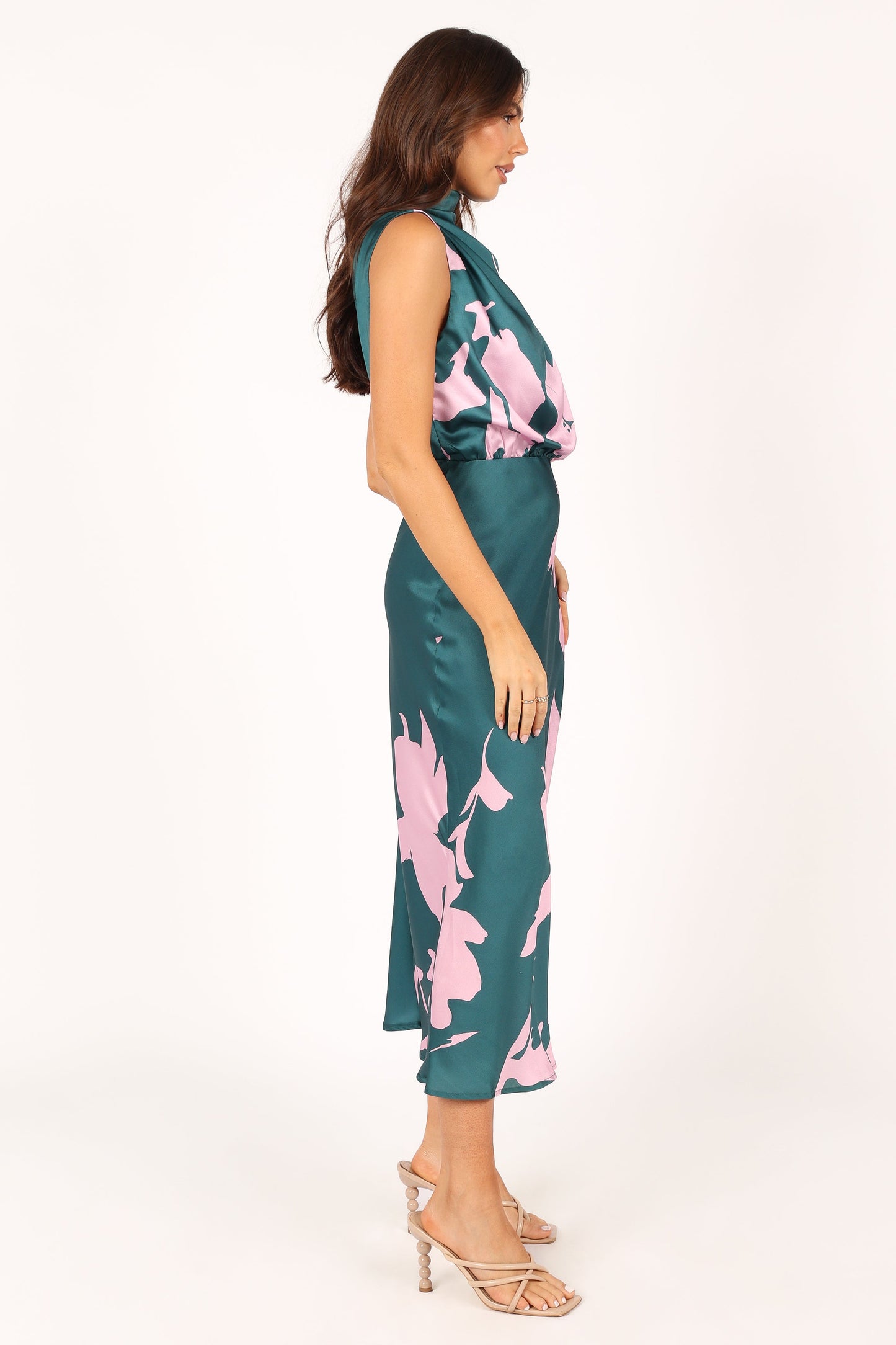 Green Pink Anabelle Halter Midi Dress in Pink Floral