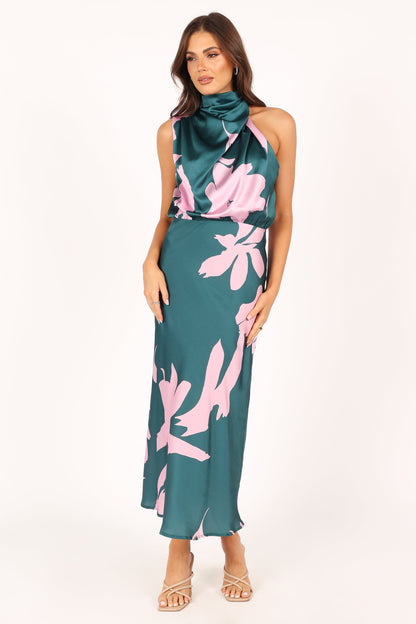 Green Pink Anabelle Halter Midi Dress in Pink Floral