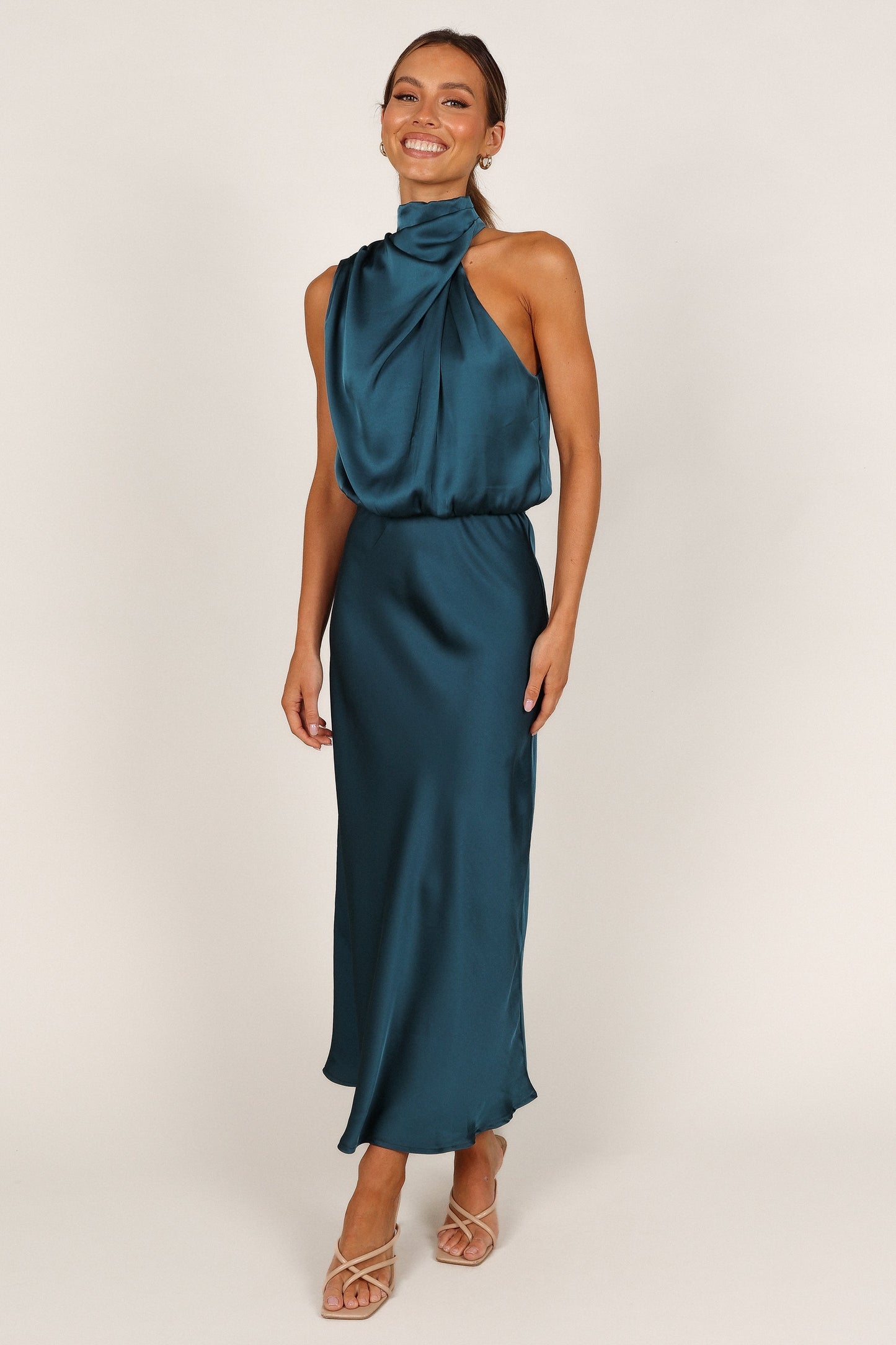 Teal Anabelle Halter Midi Dress in Pink Floral