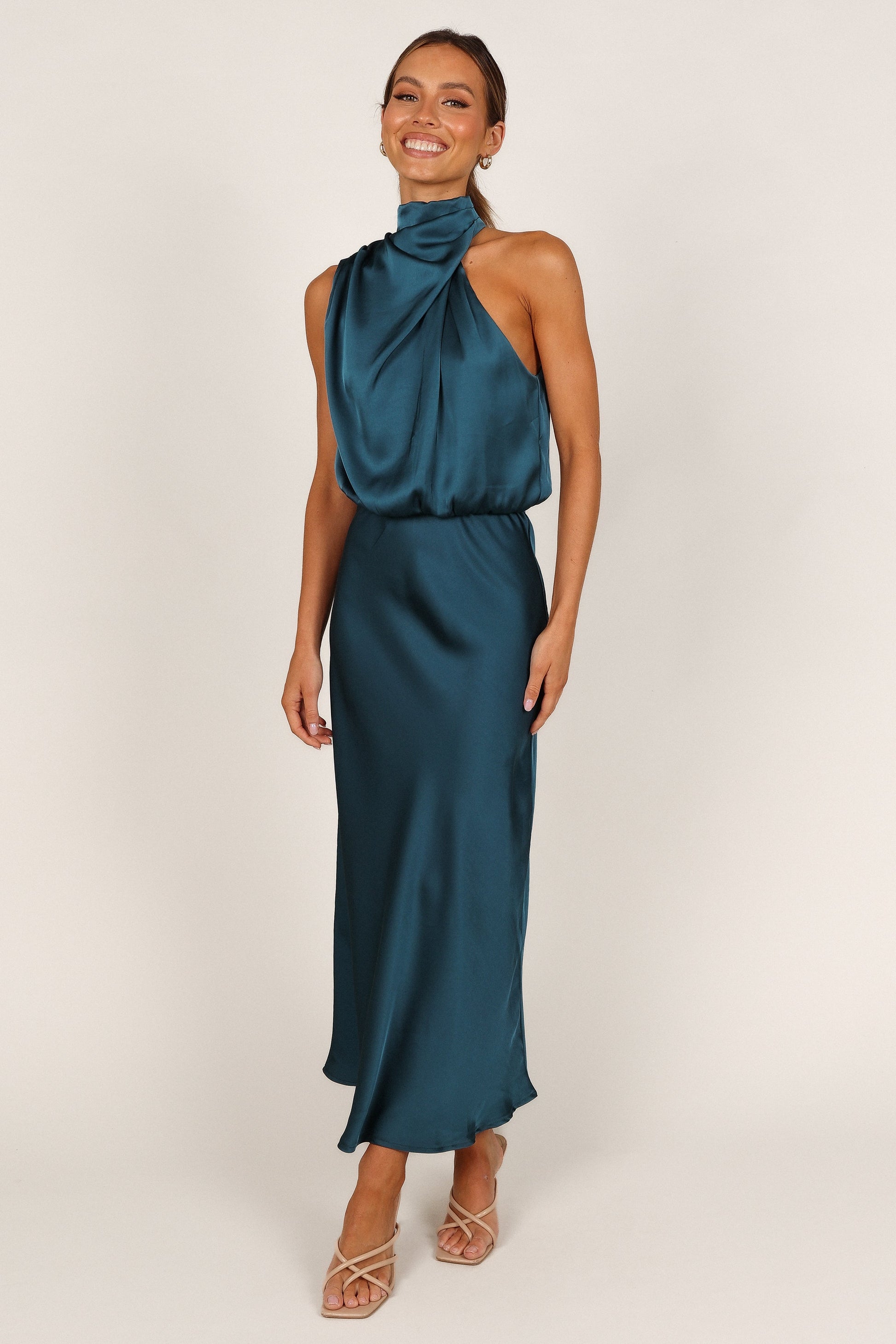 Teal Anabelle Halter Midi Dress in Pink Floral