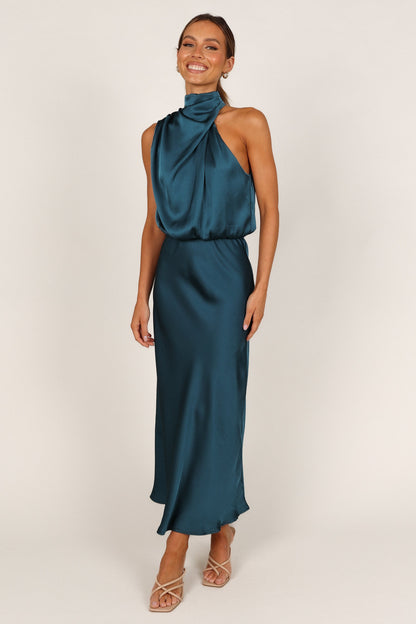 Teal Anabelle Halter Midi Dress in Pink Floral