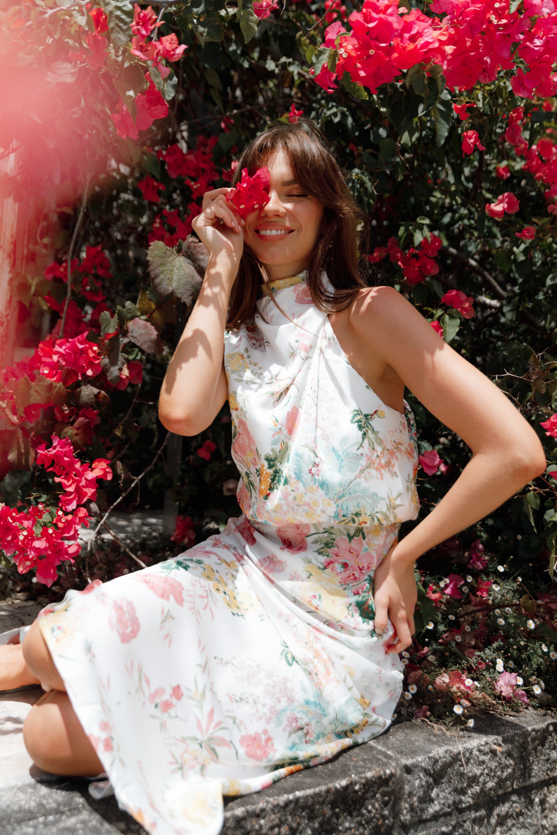 White Floral Anabelle Halter Midi Dress in Pink Floral