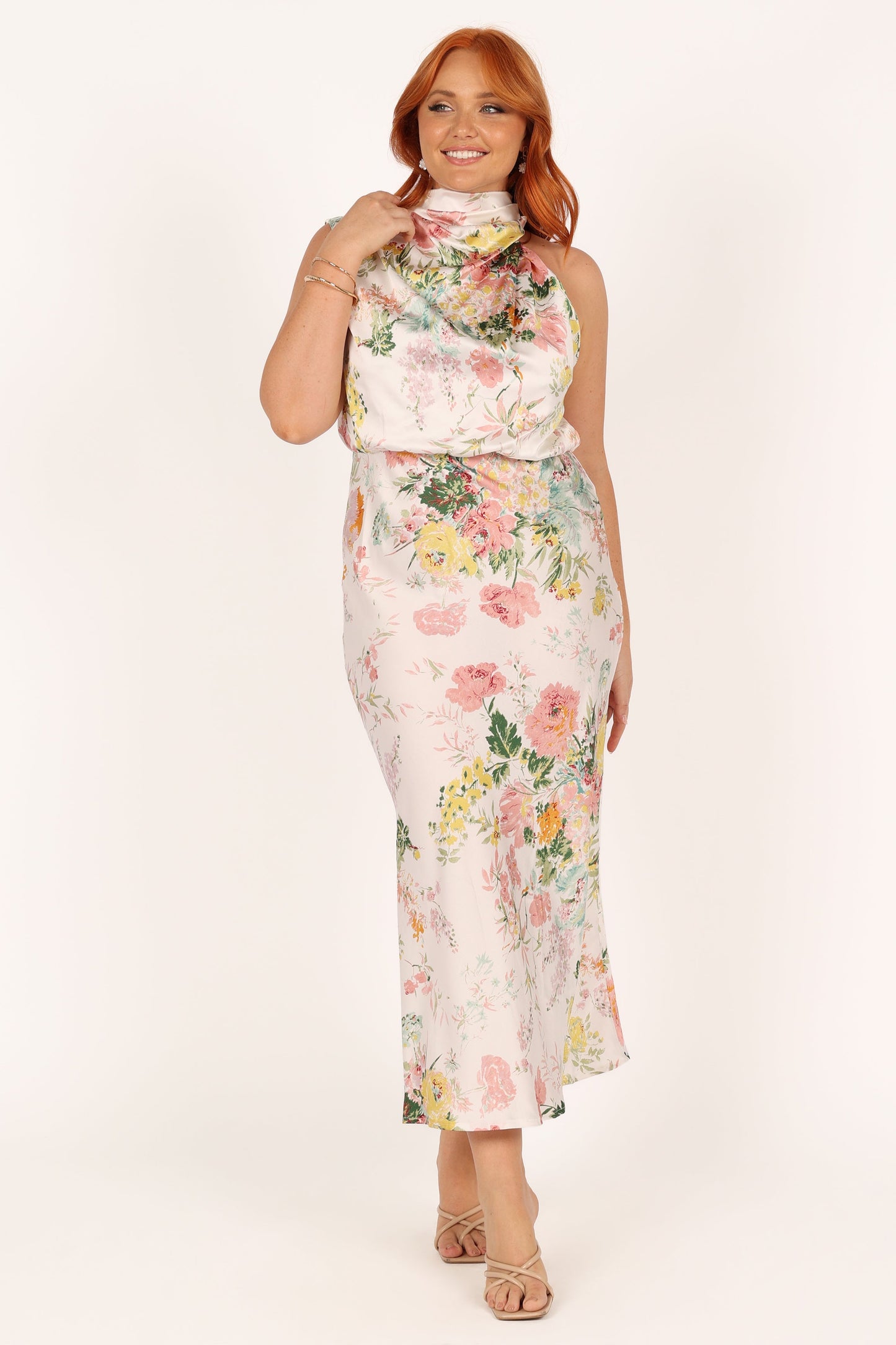 White Floral Anabelle Halter Midi Dress in Pink Floral