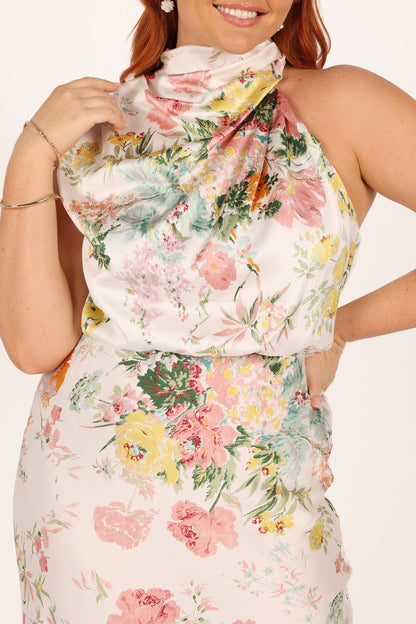 White Floral Anabelle Halter Midi Dress in Pink Floral