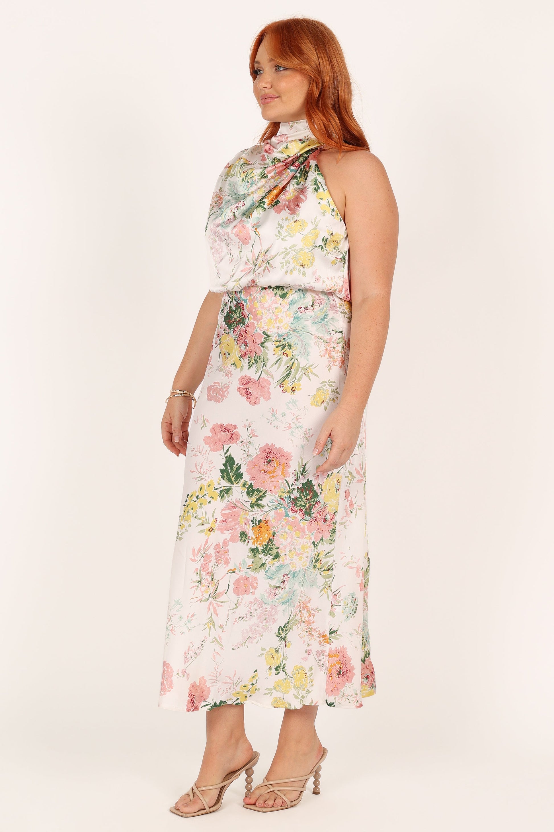 White Floral Anabelle Halter Midi Dress in Pink Floral