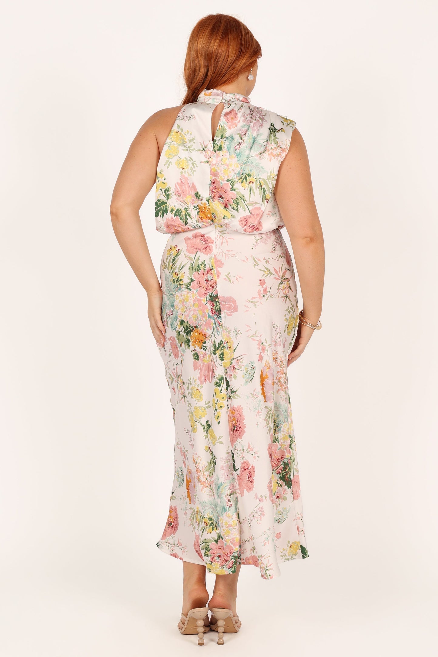 White Floral Anabelle Halter Midi Dress in Pink Floral