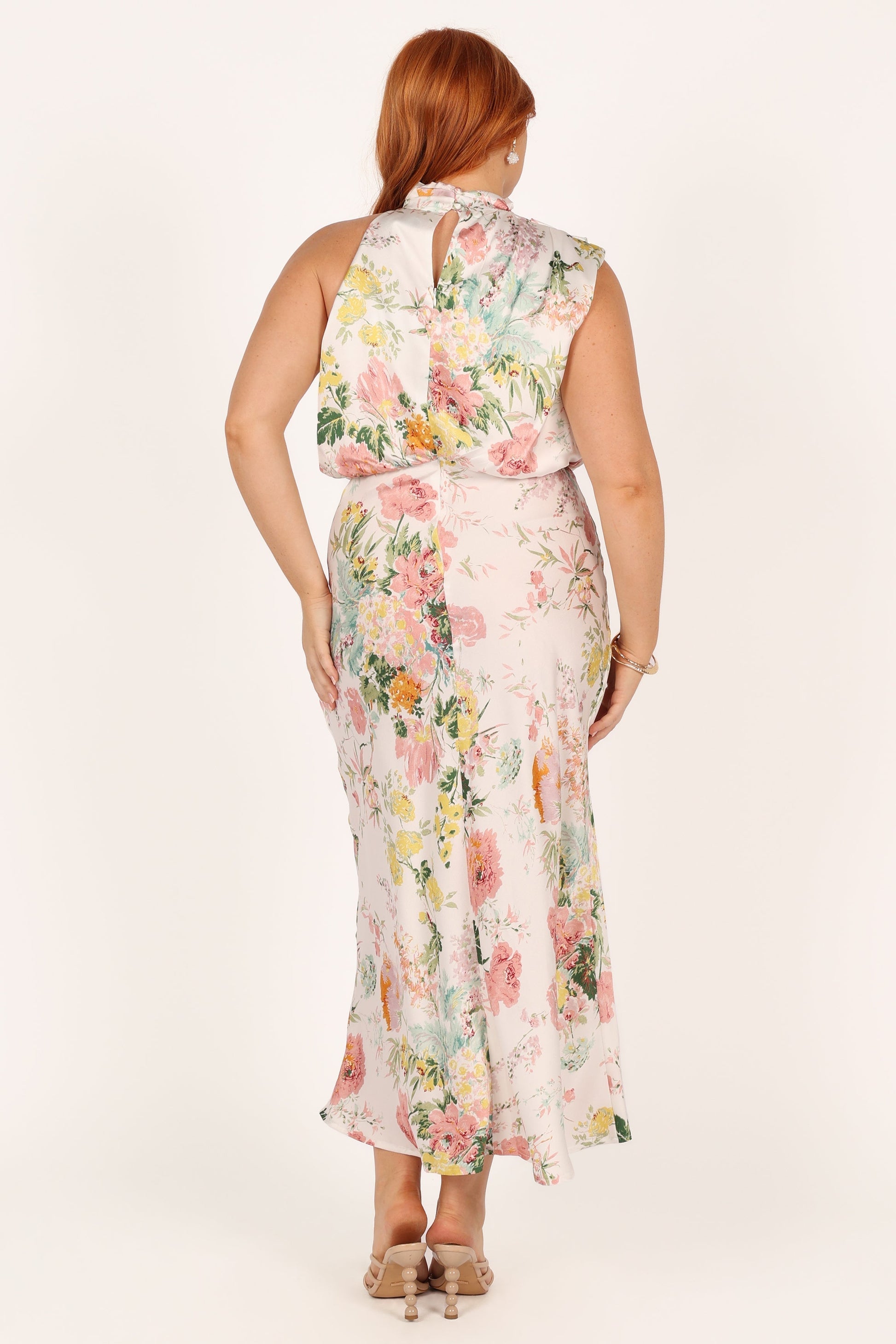 White Floral Anabelle Halter Midi Dress in Pink Floral