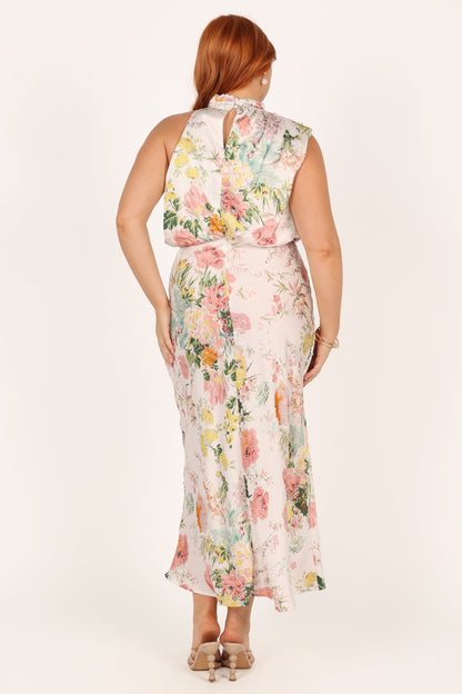 White Floral Anabelle Halter Midi Dress in Pink Floral